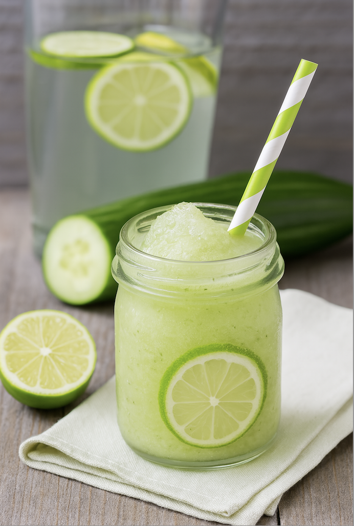 Hausgemachter Gurken-Limetten-Slush in einem Glas mit Limettenscheiben – erfrischendes Sommergetränk aus Gurke, Limette und Eis